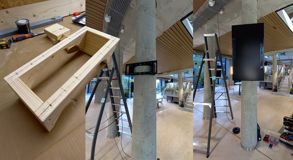 Digitaal Signage scherm met pilaarbeugel Lieven de Key Amsterdam